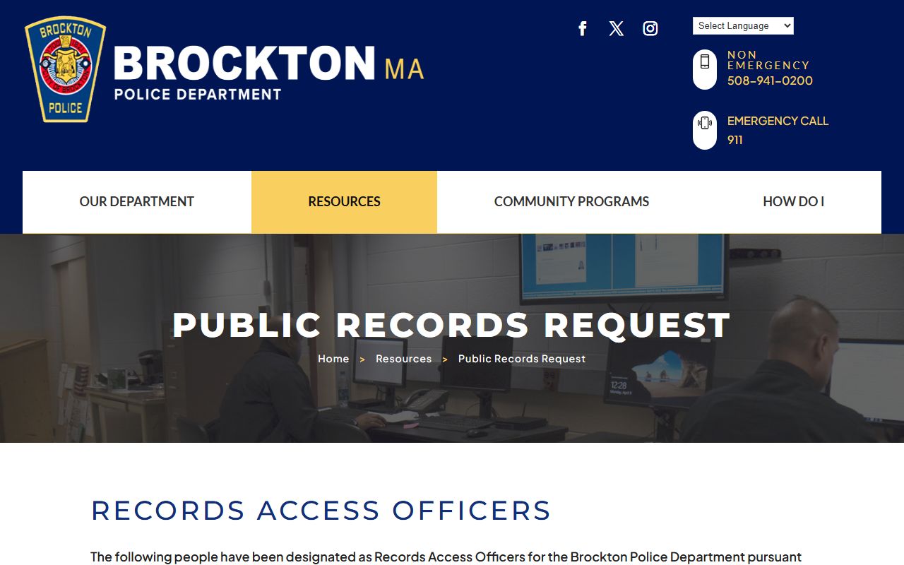 Brockton Police public records request page for arrest and booking records