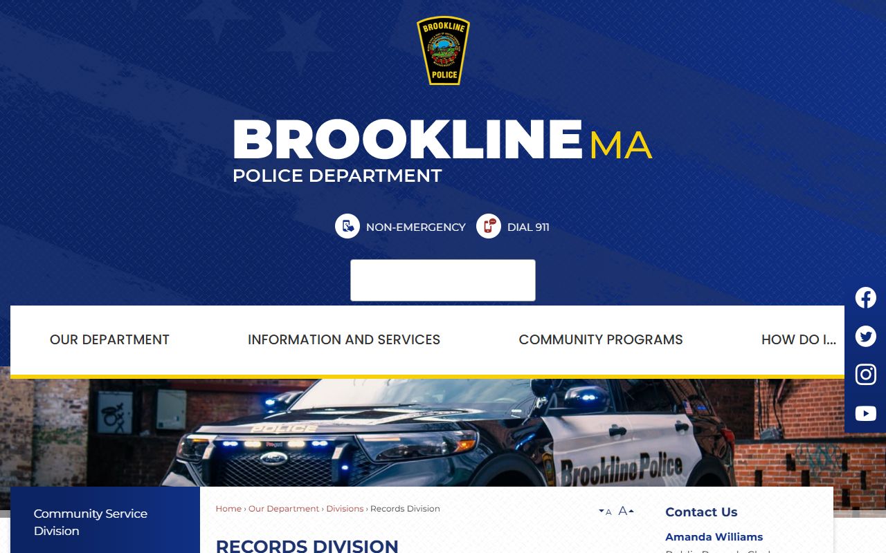 Brookline Police Records Division page for booking and arrest record requests