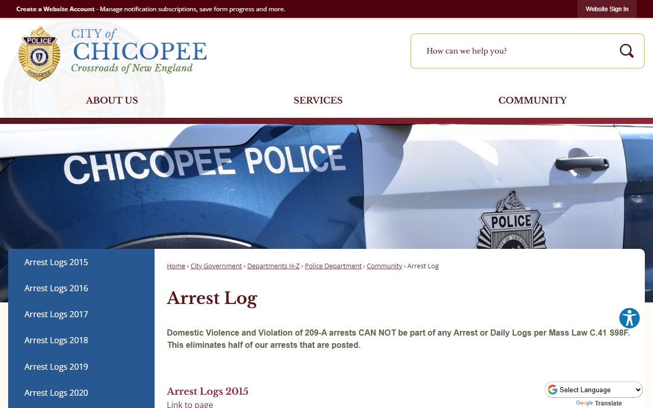Chicopee Police Department arrest log page for recent bookings and arrest records