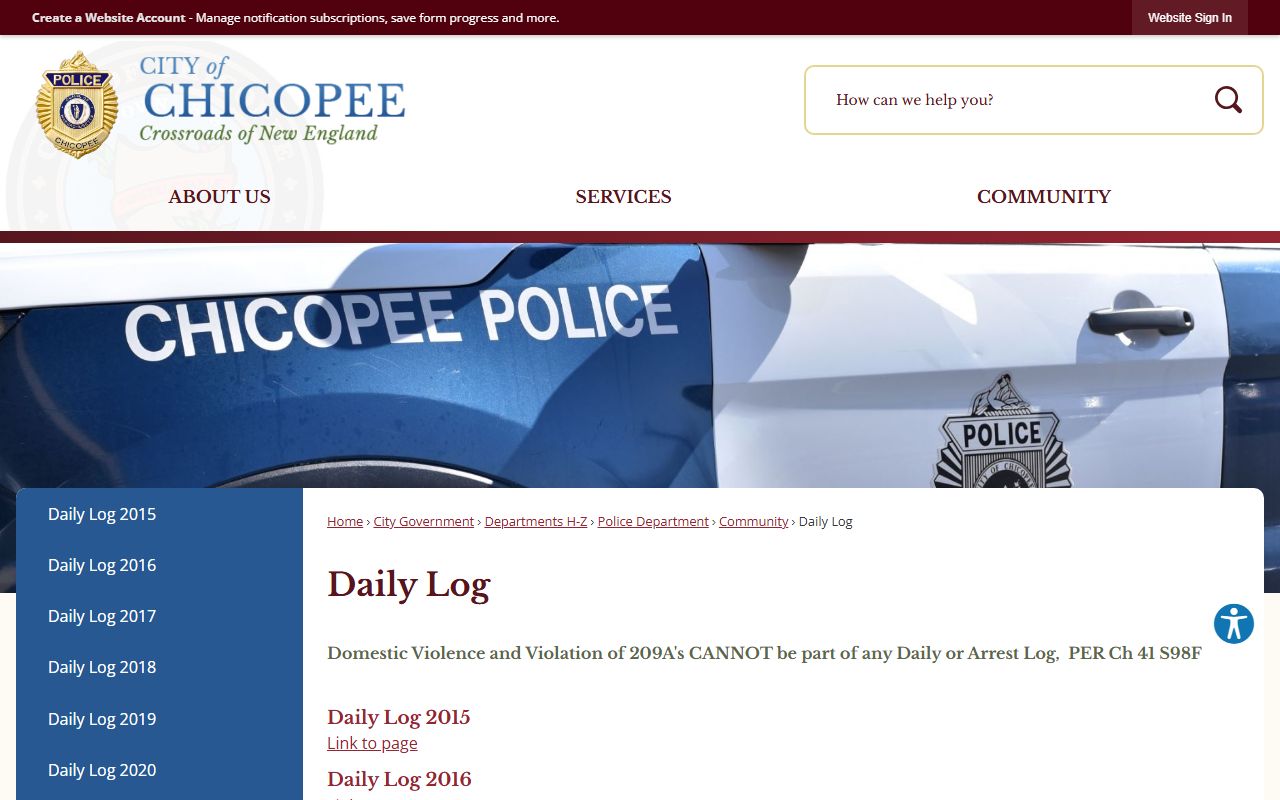 Chicopee Police Department daily log page for recent bookings and police records