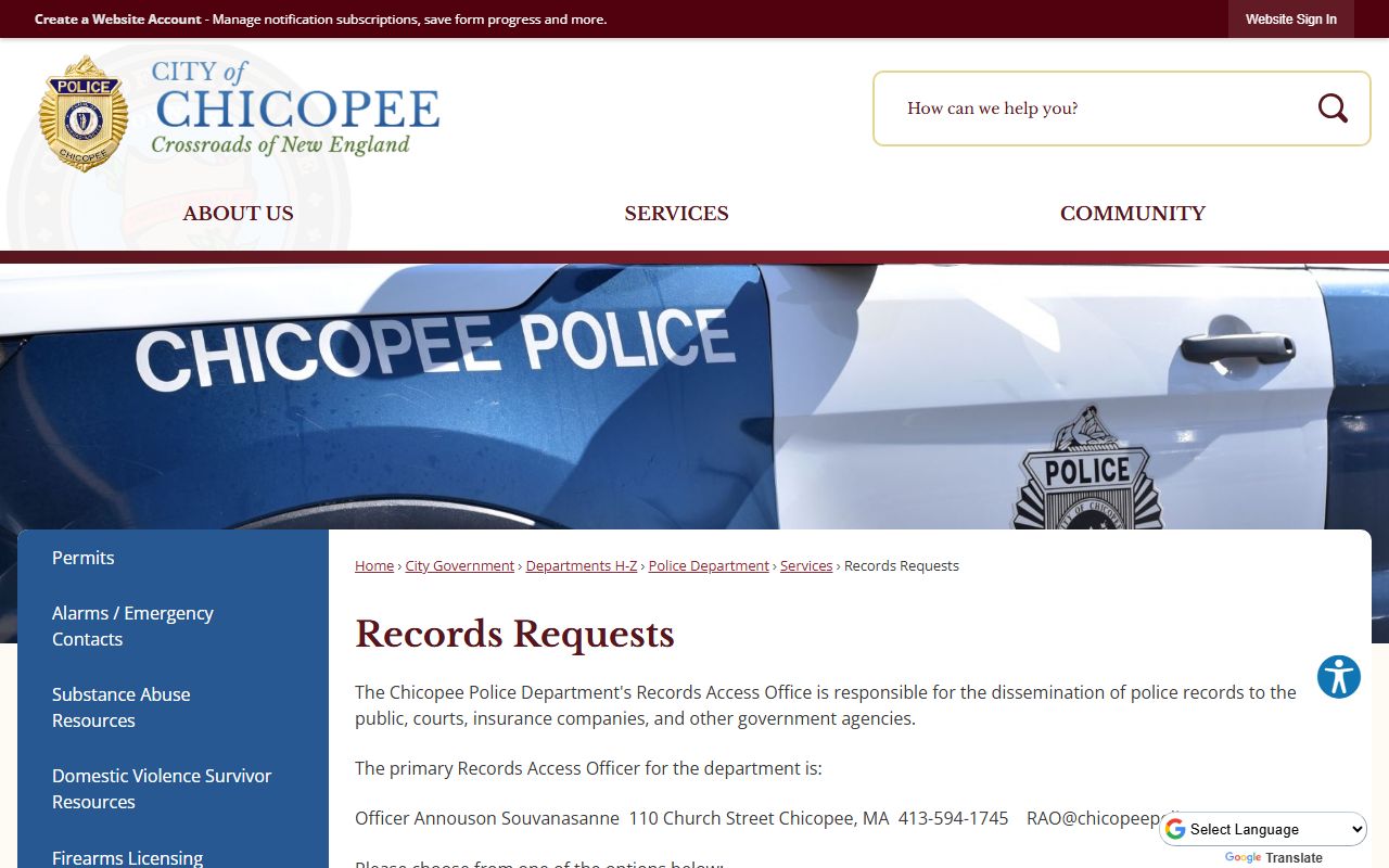 Chicopee Police Department records requests page for arrest and booking data