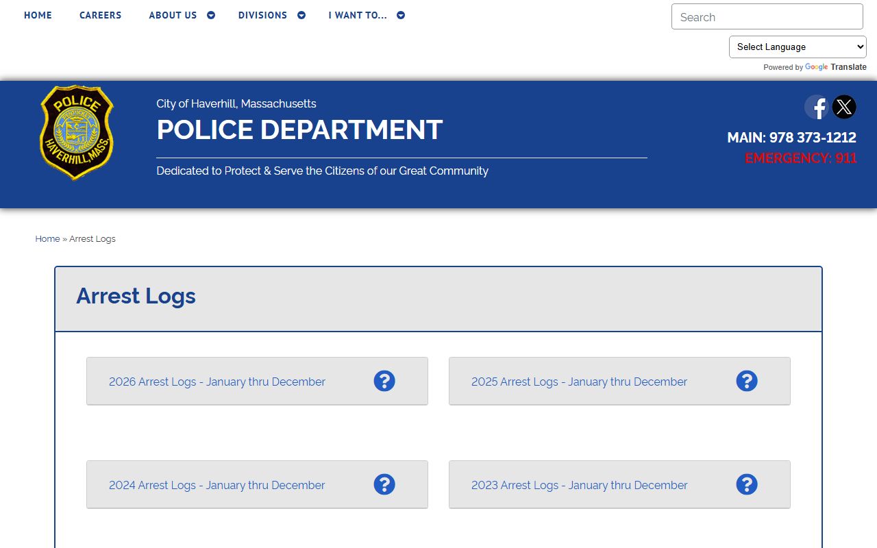 Haverhill Police Department arrest logs page for recent bookings and arrest records