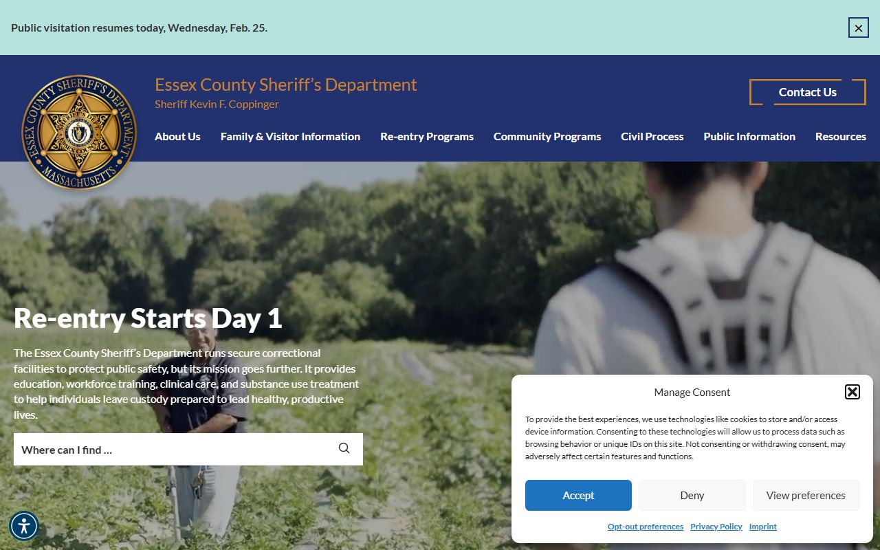 Essex County Sheriff website for Lawrence recent bookings and inmate search