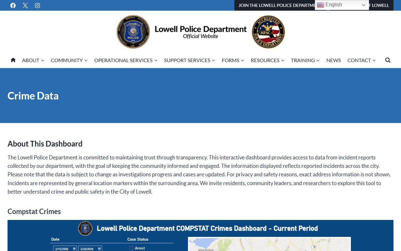 Lowell crime data page showing arrest activity and booking trends