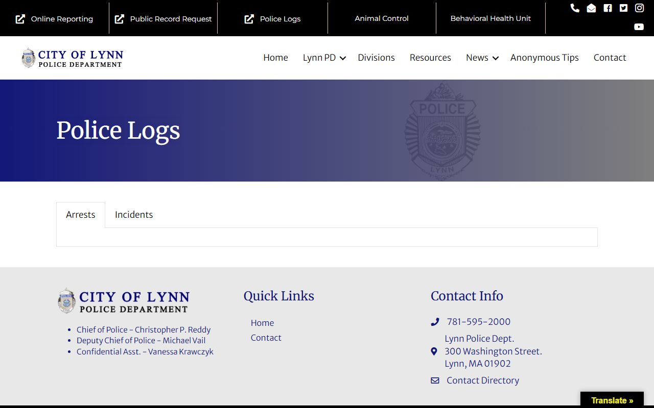 Lynn Police logs page showing recent bookings and arrest activity