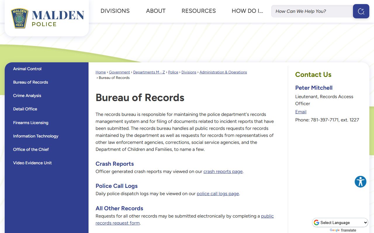 Malden Police Bureau of Records page for arrest and booking records