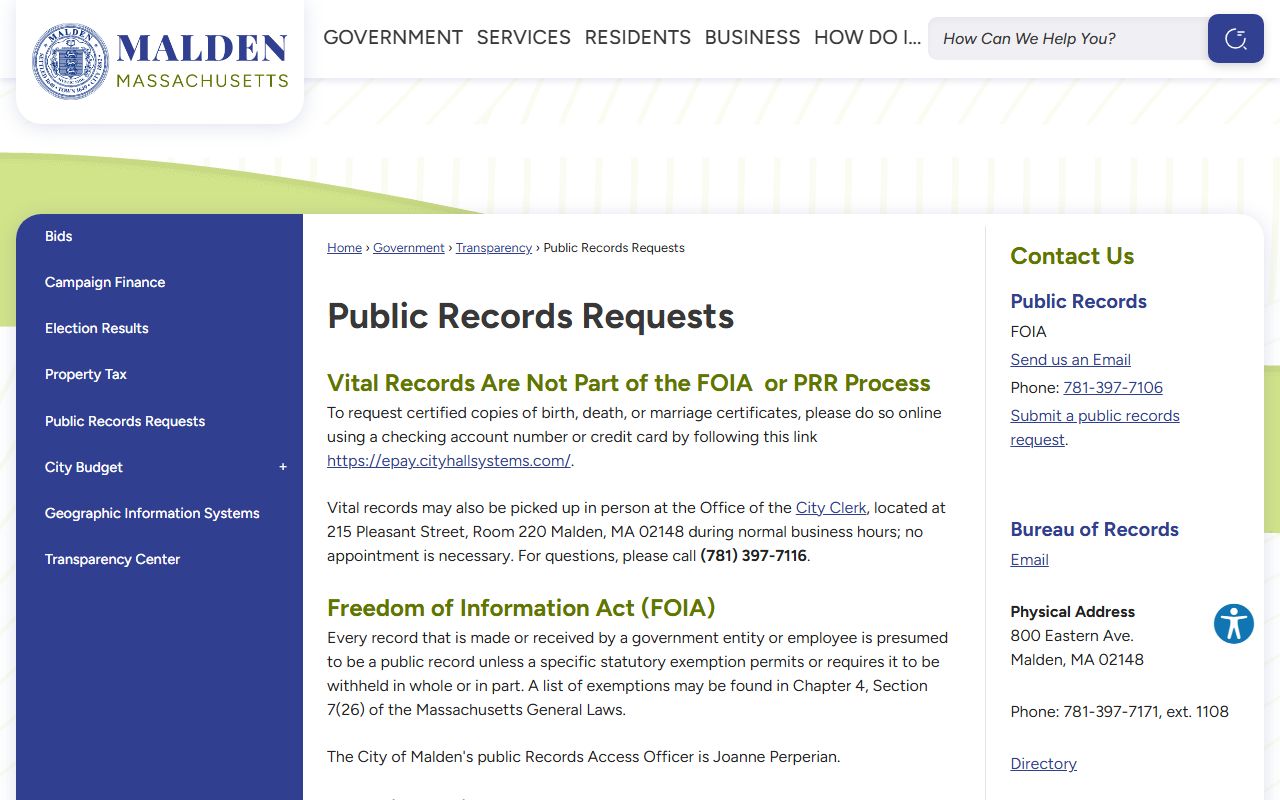 Malden public records request page for arrest and booking records