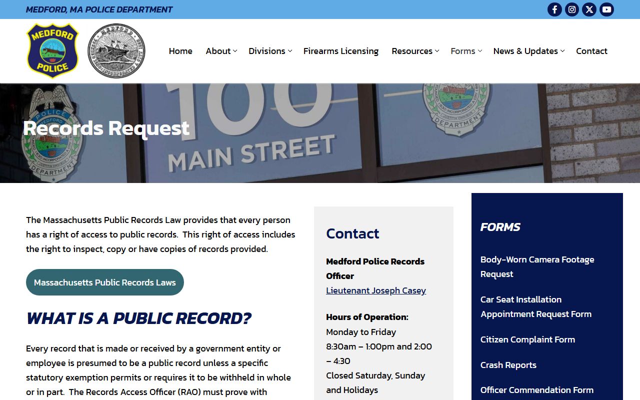 Medford Police Central Records page for booking and arrest record requests