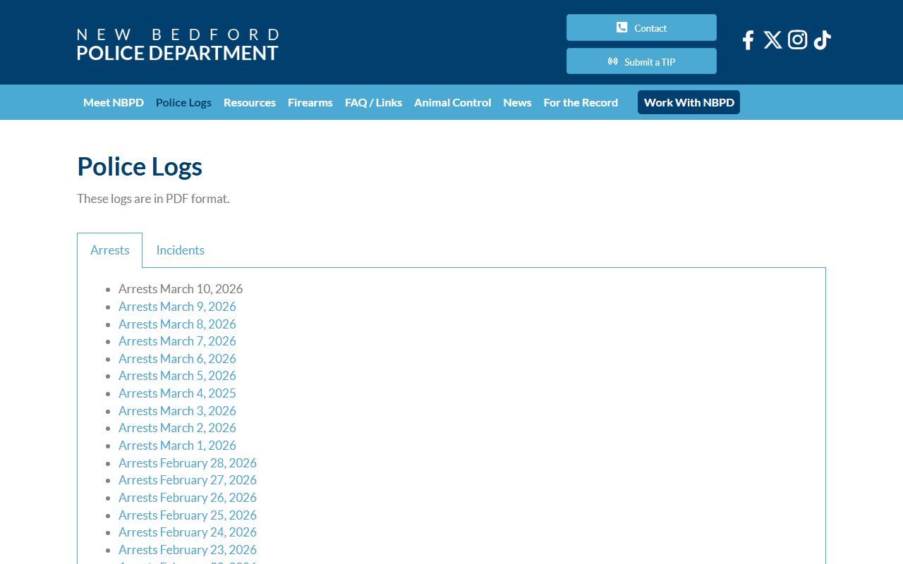 New Bedford Police daily logs page showing recent bookings and arrest records