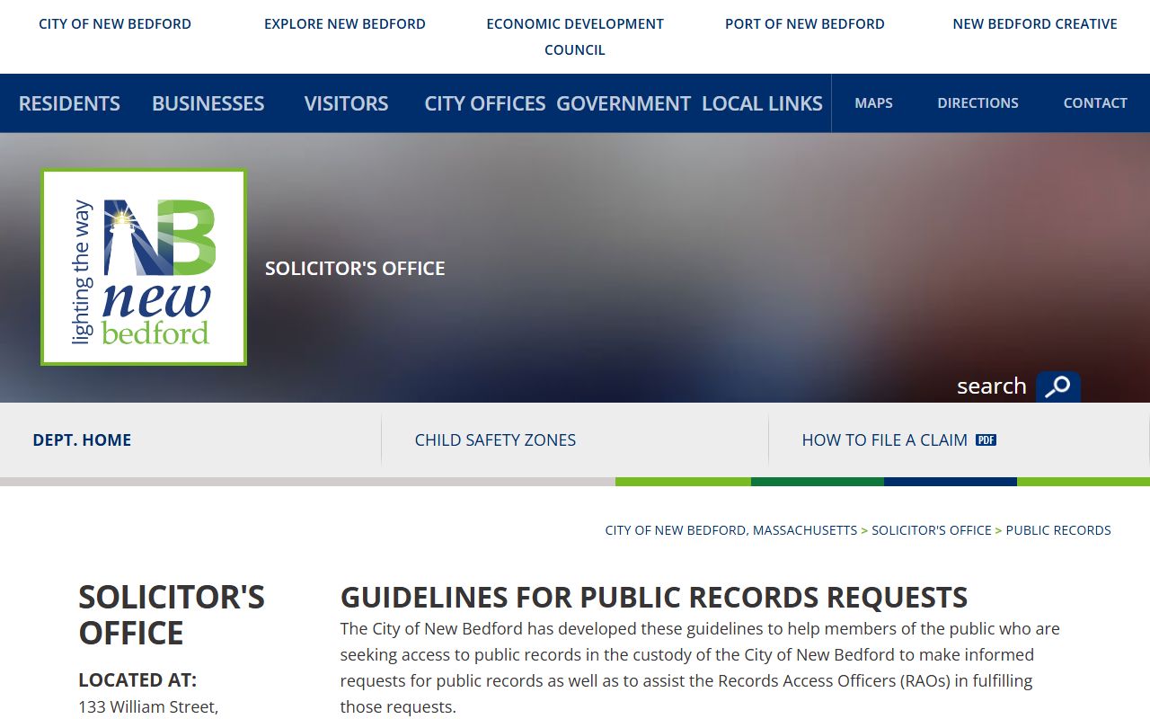 New Bedford public records request page for arrest records and booking info