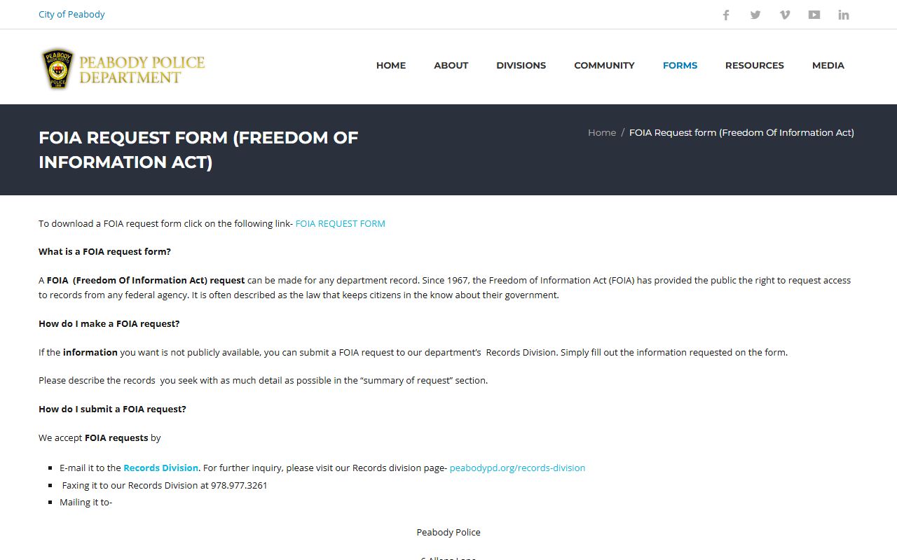 Peabody Police FOIA request form for arrest records and recent bookings