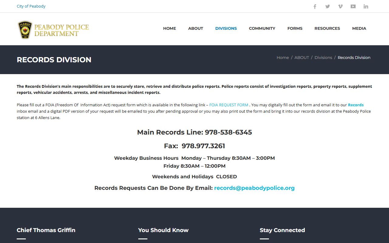 Peabody Police records division page for recent bookings and arrest records