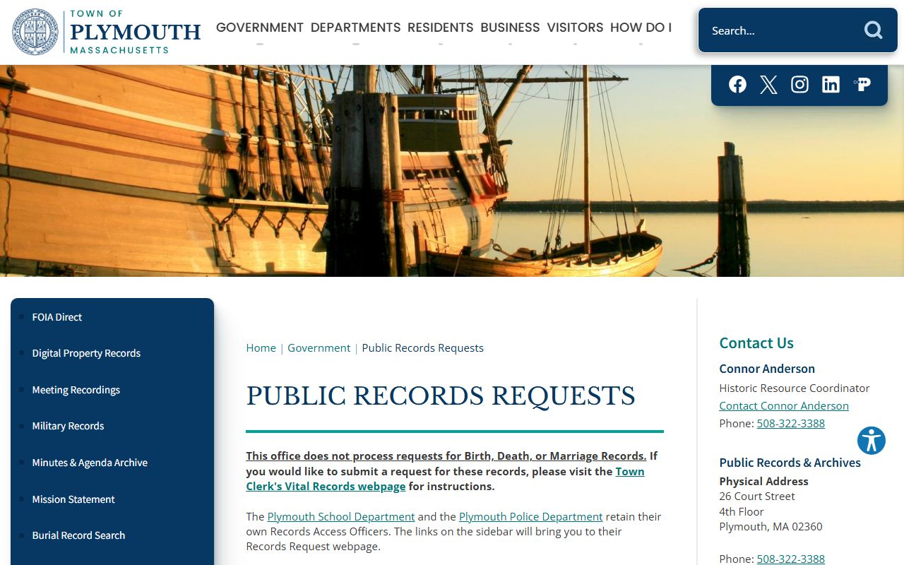 Plymouth public records request page for arrest and booking records