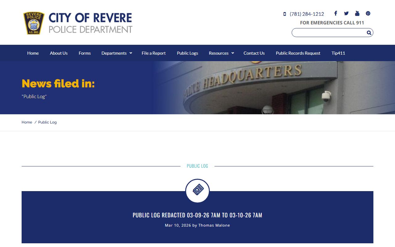 Revere Police public logs page showing recent bookings and arrest activity