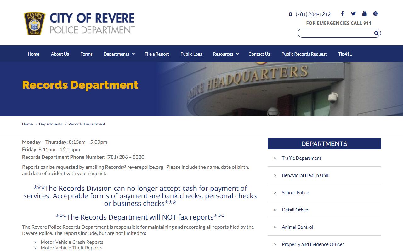 Revere Police Records Department page for requesting arrest and booking records