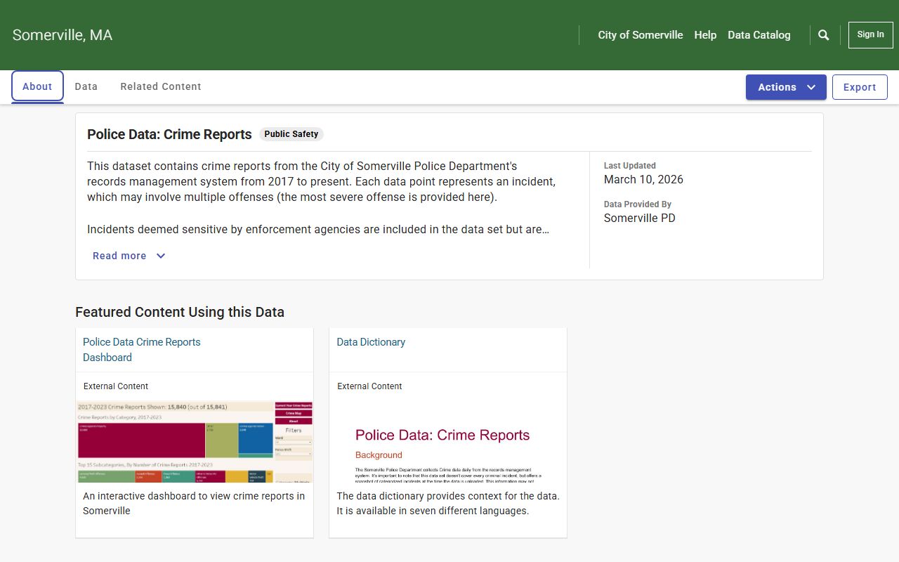 Somerville crime data portal showing arrest and booking related records