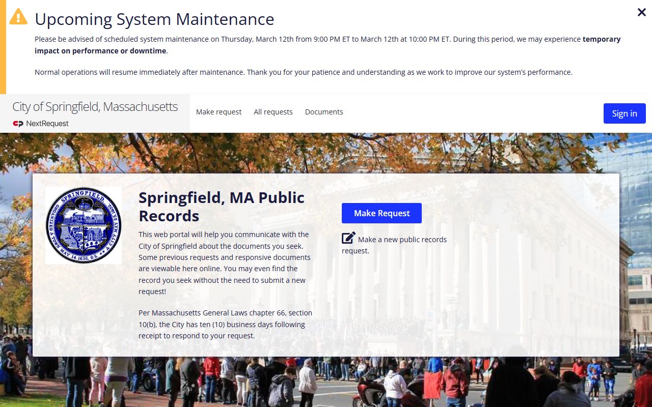 Springfield NextRequest portal for requesting recent bookings and arrest records