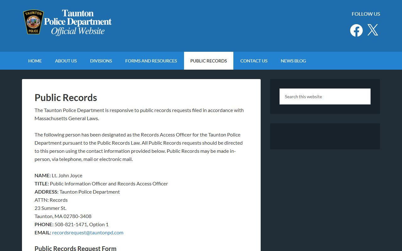 Taunton Police public records page for booking and arrest data requests