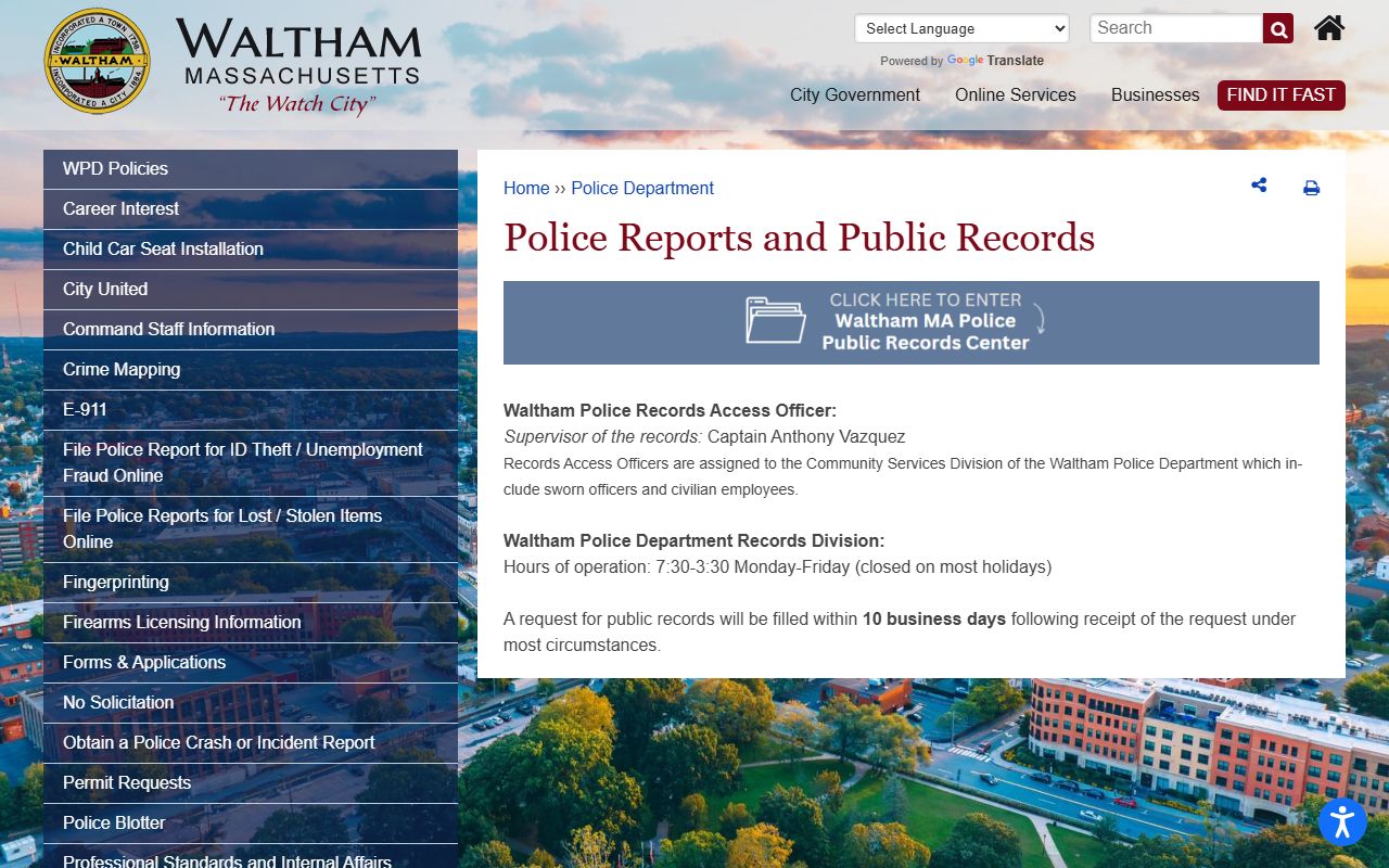 Waltham Police Department records page for recent bookings and arrest records