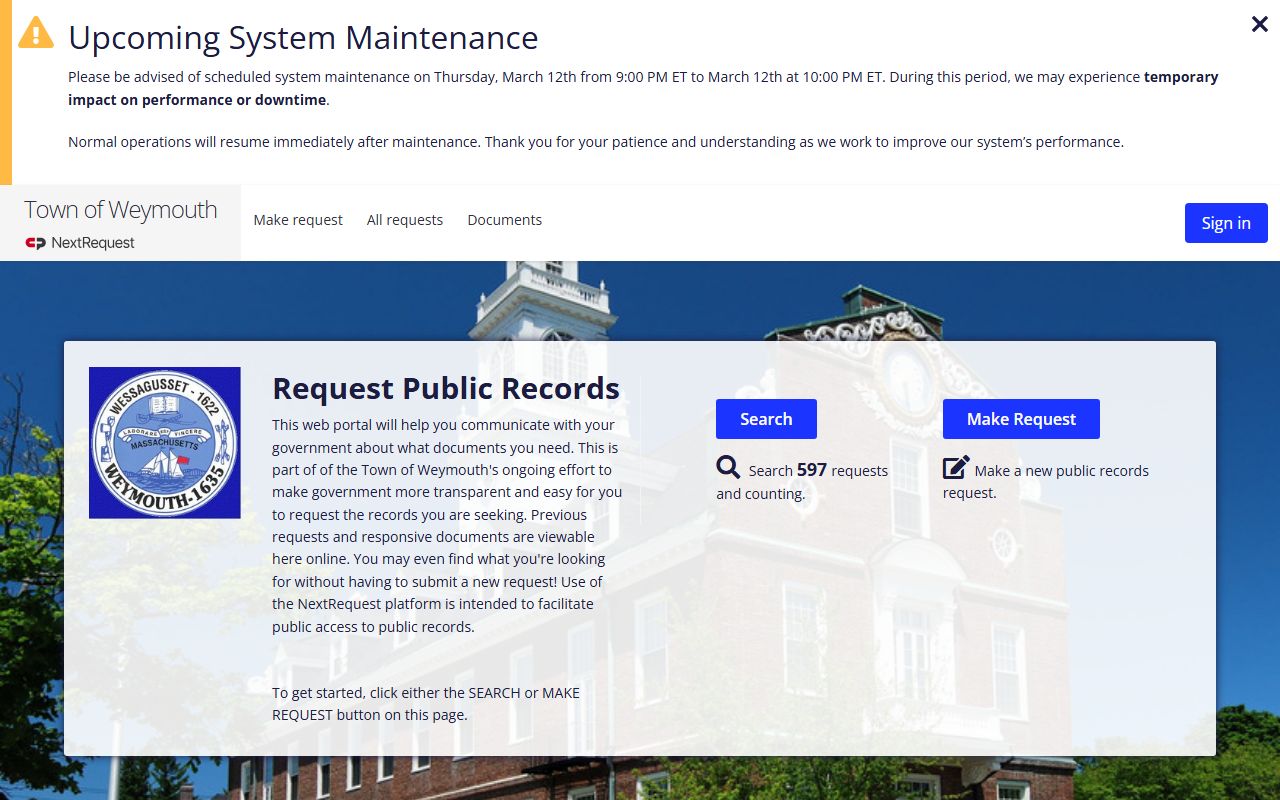 Weymouth NextRequest portal for submitting booking and arrest records requests