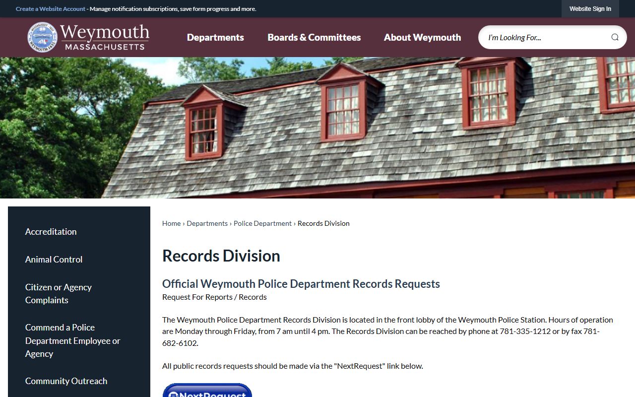 Weymouth Police Records Division page for recent bookings and arrest records