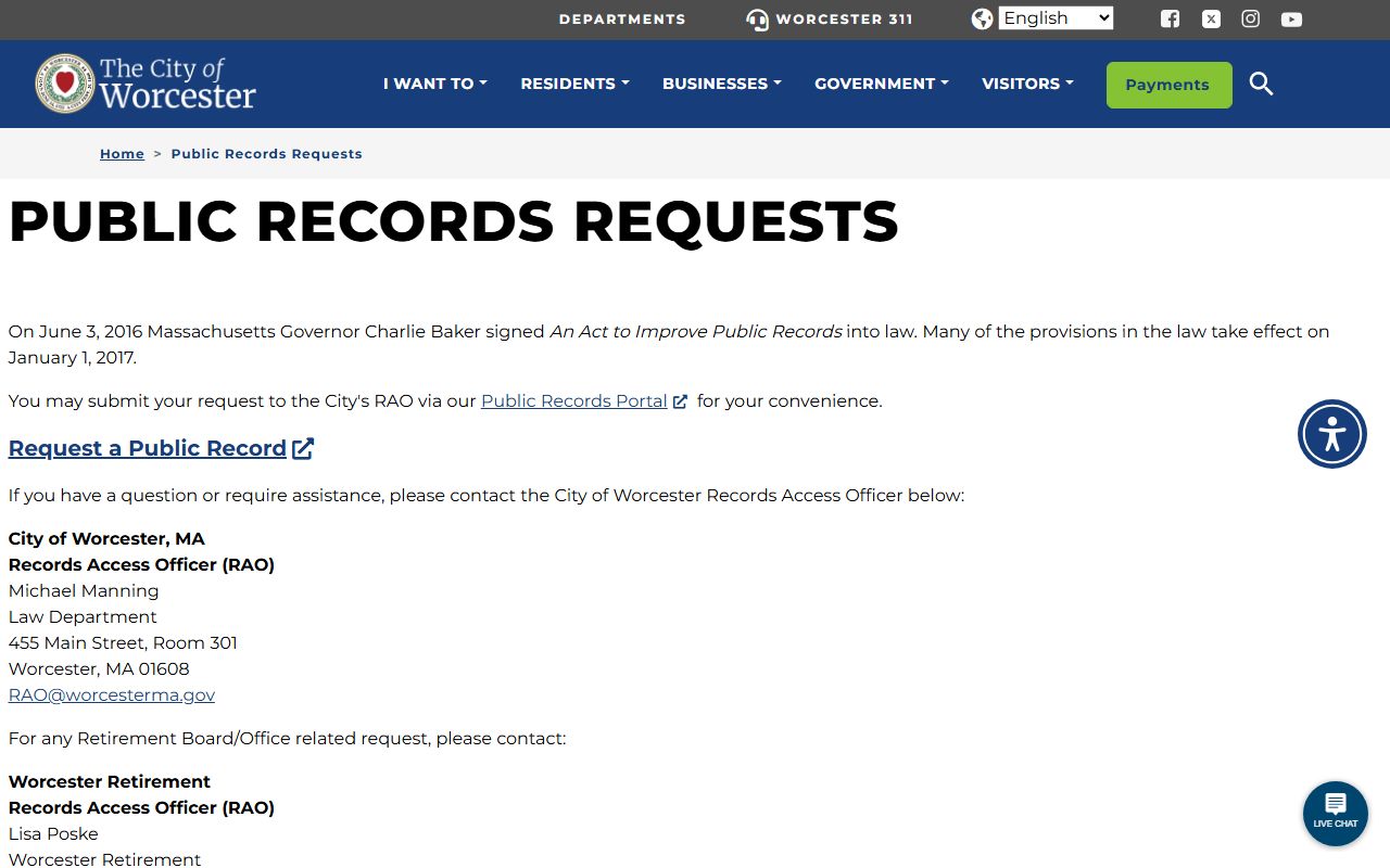Worcester public records request page for arrest and booking records