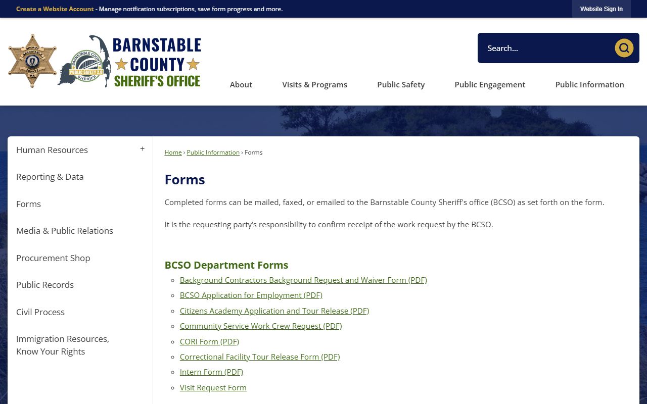 Barnstable County Sheriff forms page for arrest and booking records