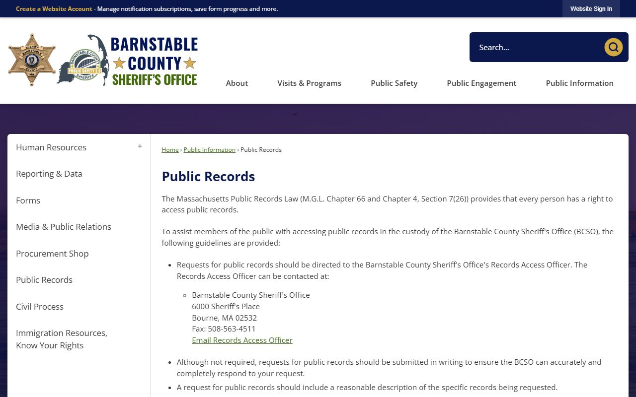 Barnstable County public records request page for booking records