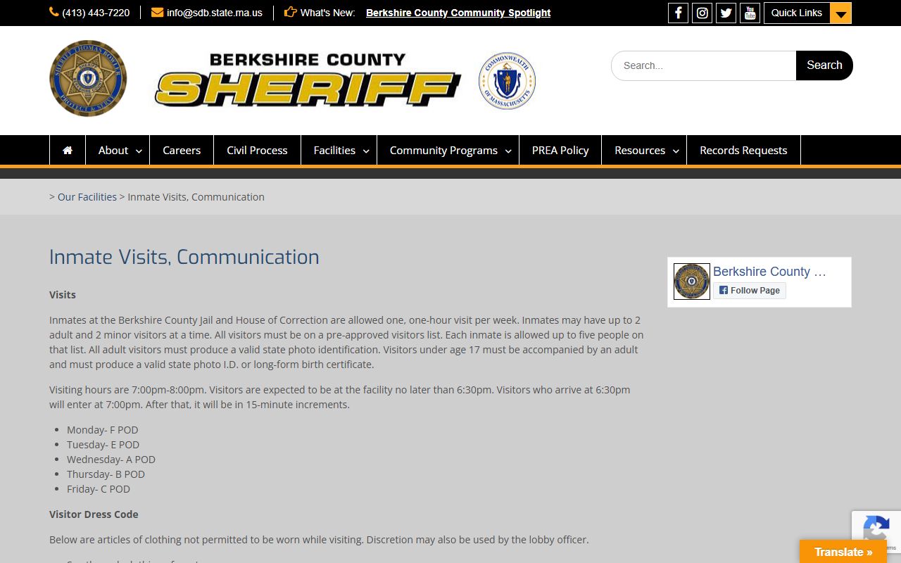 Berkshire County jail inmate visits and communication information