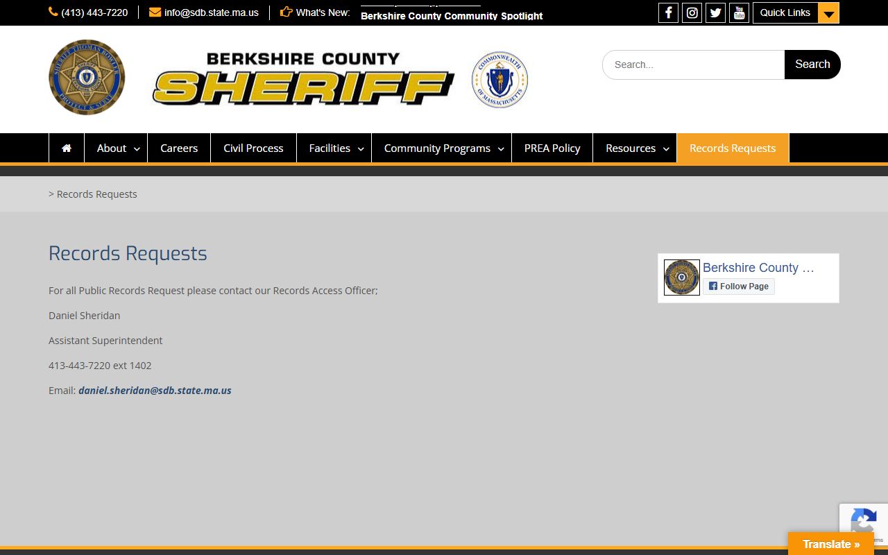 Berkshire County public records request page for arrest and booking records