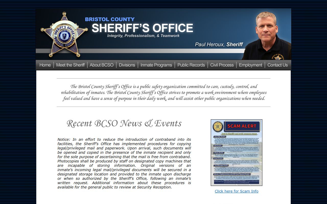 Bristol County Sheriff Office website for recent bookings and arrest records