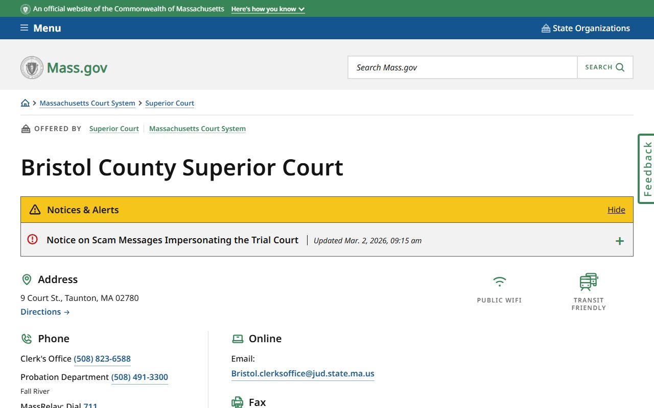 Bristol County Superior Court page for arrest records and recent bookings