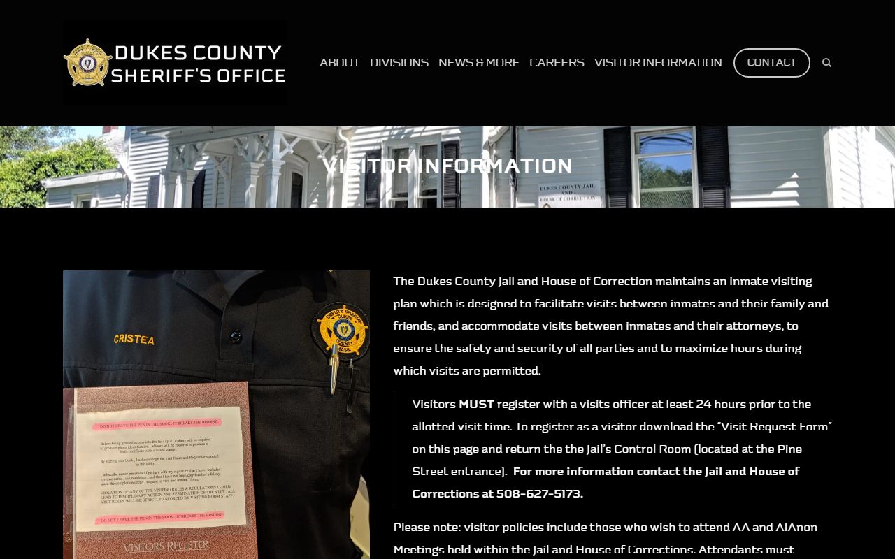 Dukes County jail visitor information for recently booked inmates