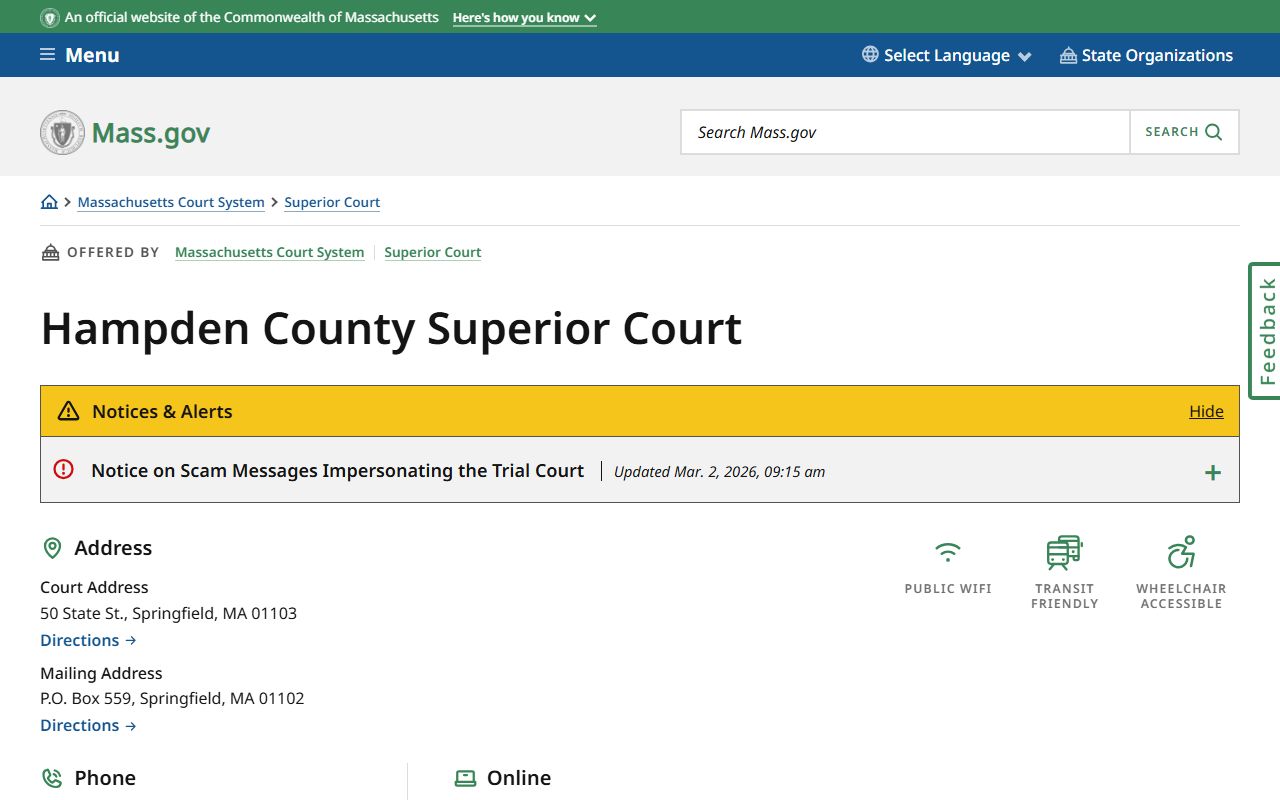 Hampden County Superior Court page for arrest records and recent bookings
