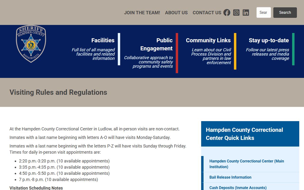 Hampden County visiting rules and regulations for booked inmates