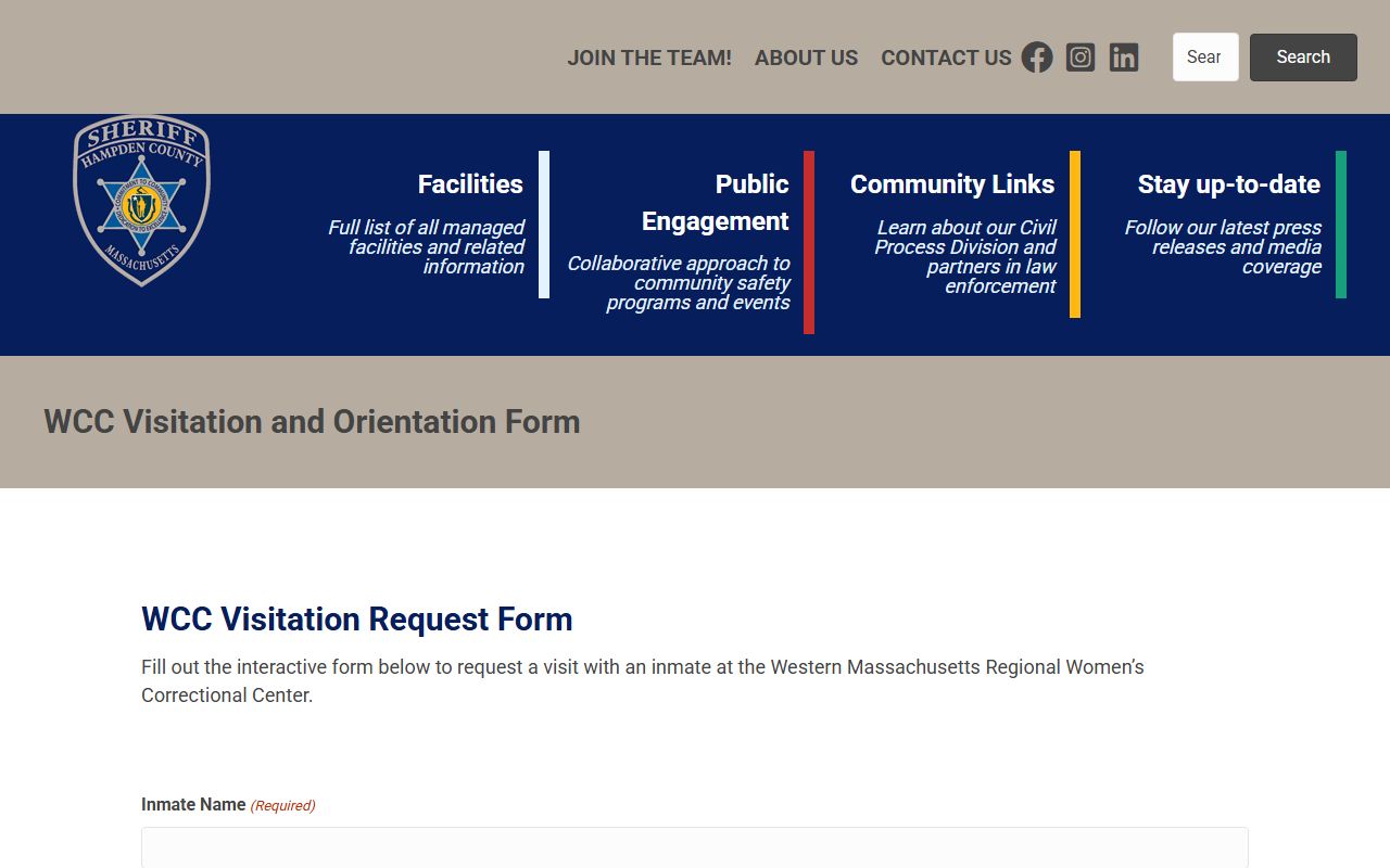 Hampden County Womens Center visitation form for recent bookings