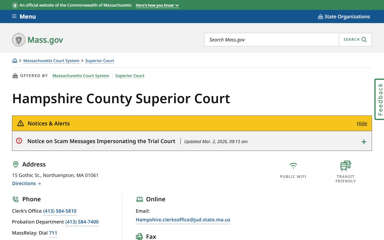 Hampshire County Superior Court page for booking and arrest case records