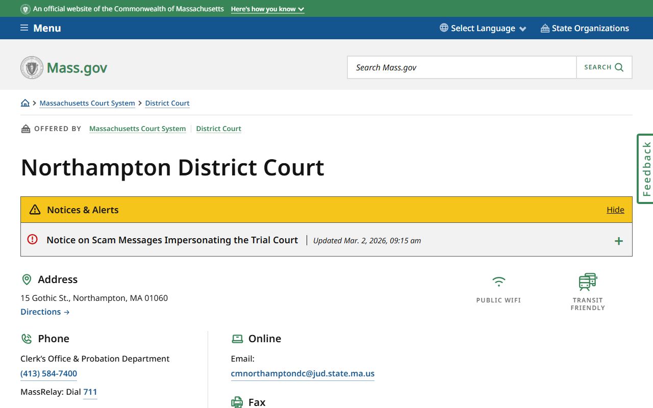 Northampton District Court page for Hampshire County arrest records