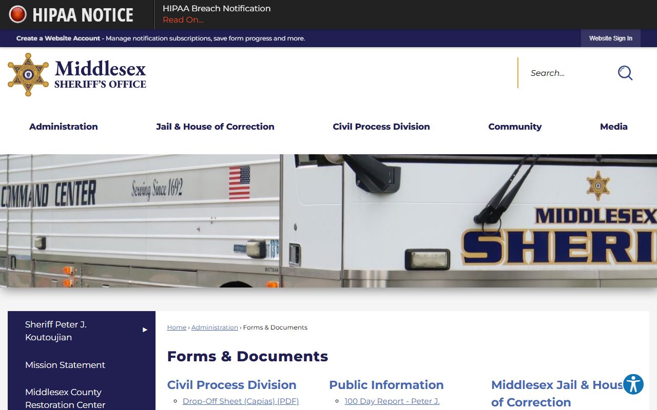 Middlesex County Sheriff forms and documents page for booking record requests