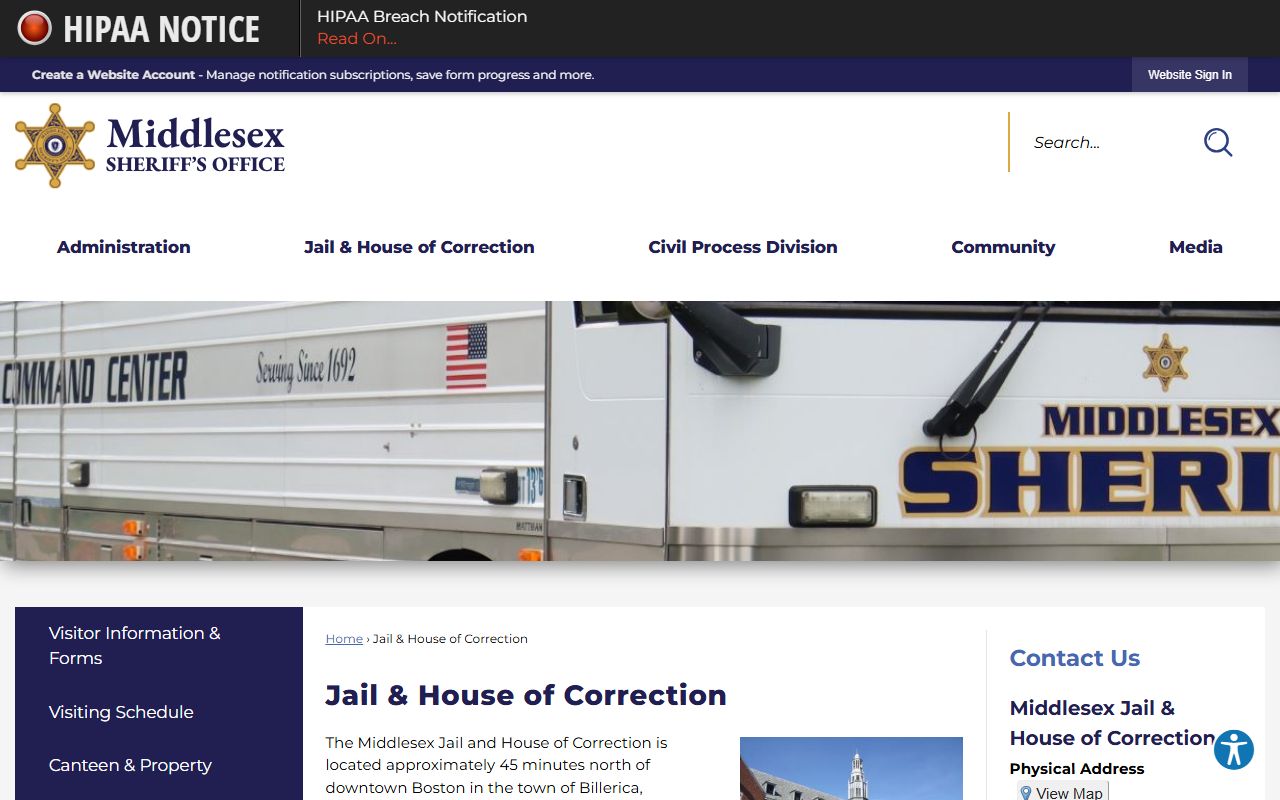 Middlesex County Jail and House of Correction booking facility page