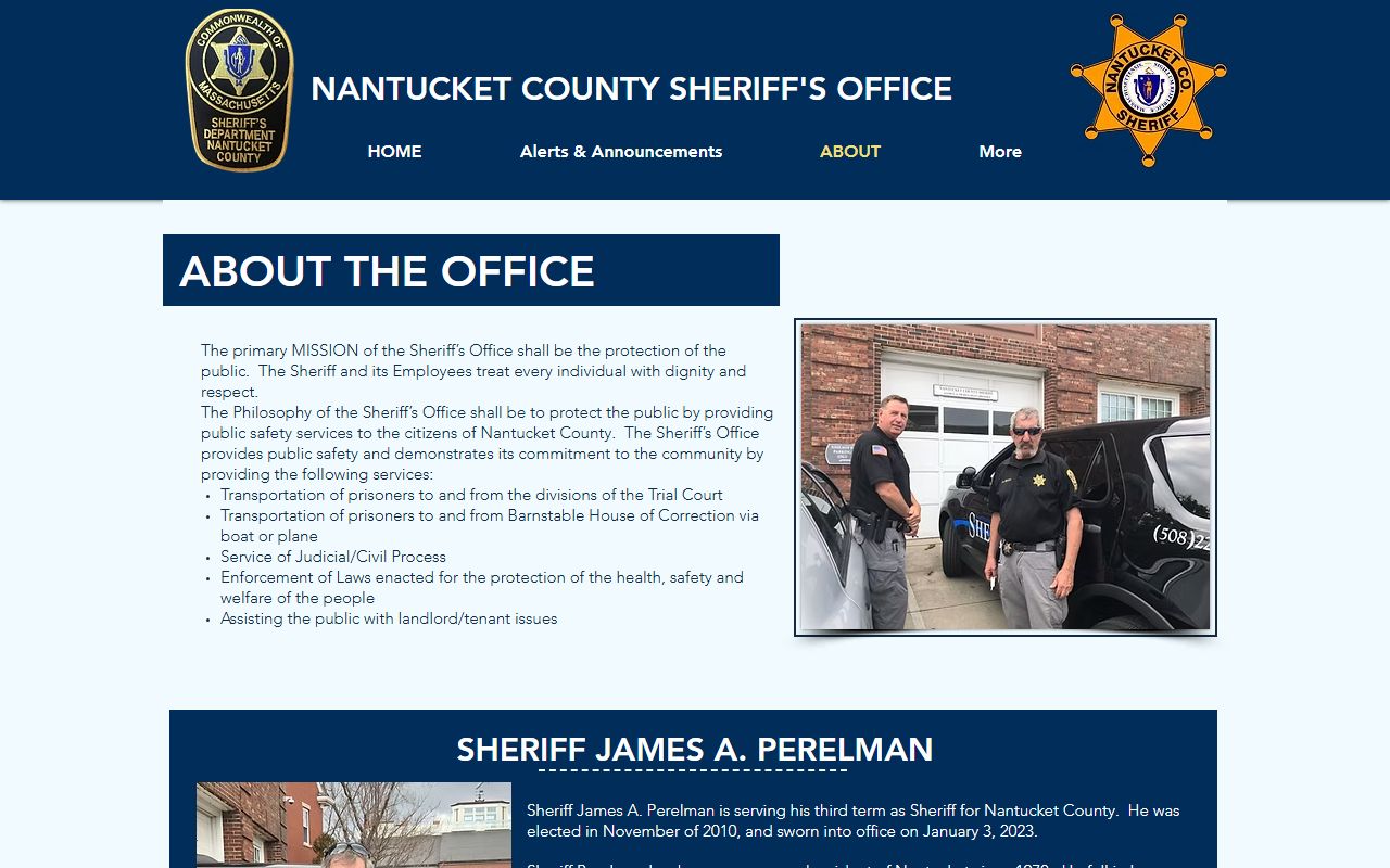 Nantucket County Sheriff about page for recent bookings and arrest records