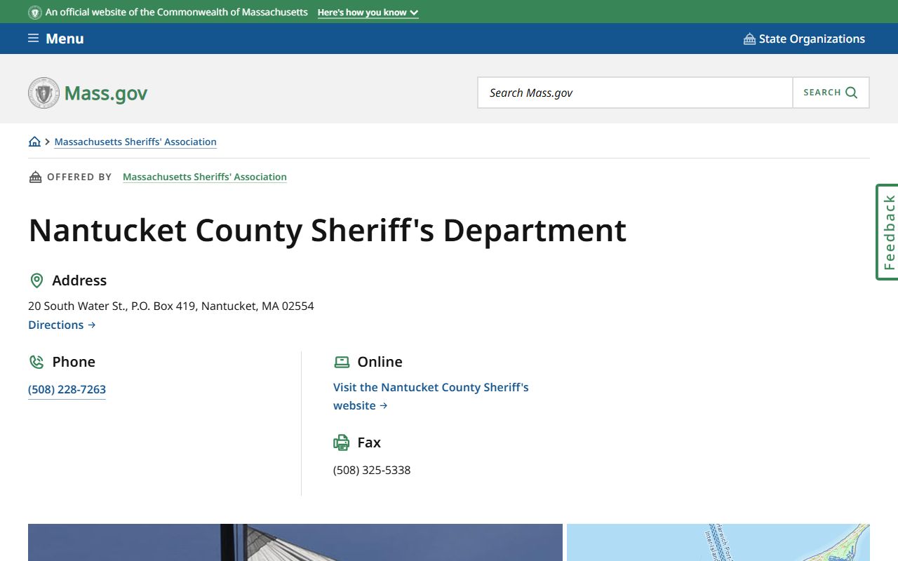 Nantucket County Sheriff mass.gov page for arrest records and booking information
