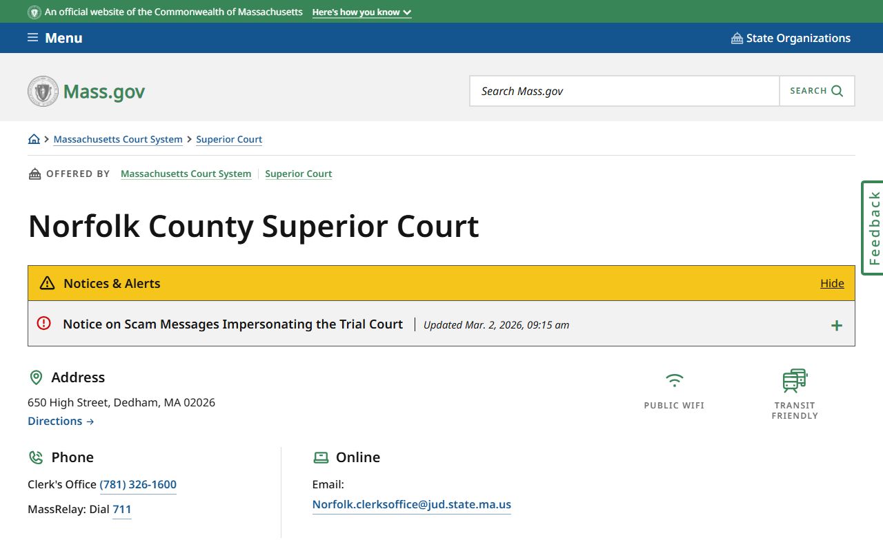 Norfolk County Superior Court page for arrest records and bookings