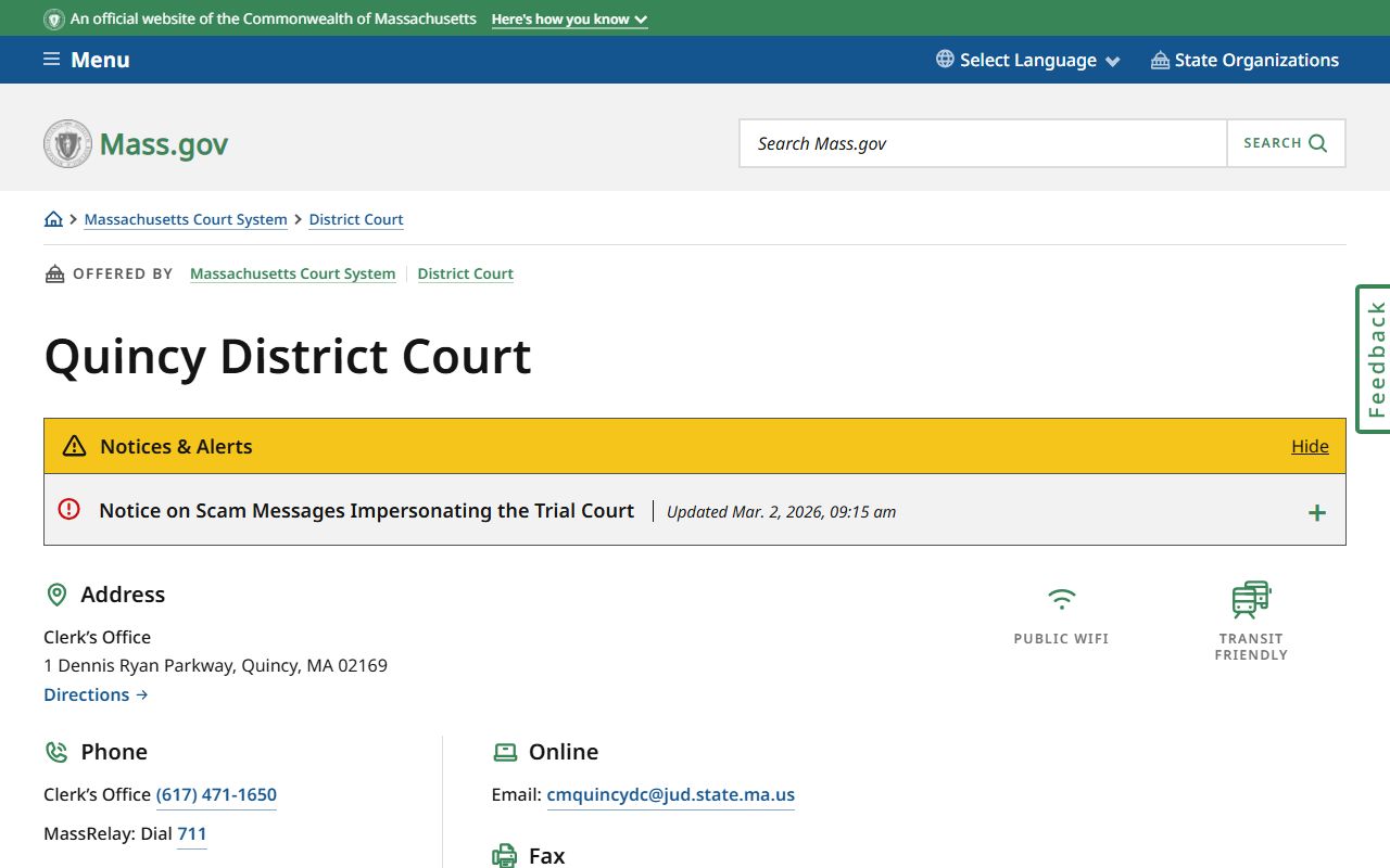 Quincy District Court page for Norfolk County arrest records and bookings