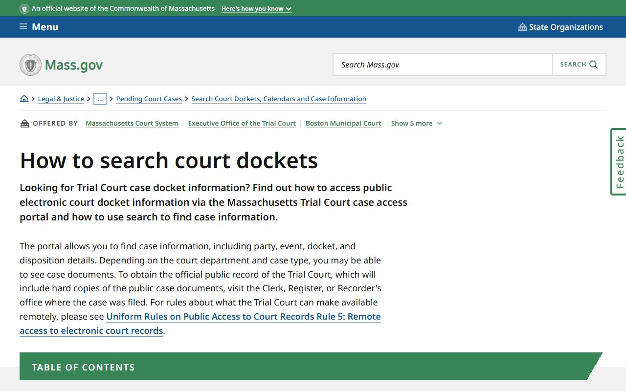 Massachusetts court docket search guide for recent bookings information