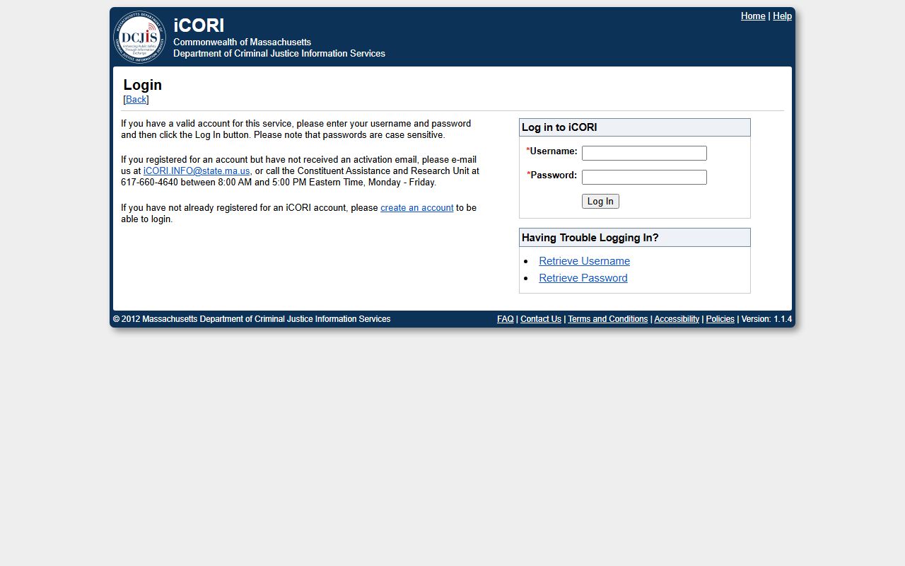 iCORI login portal for Massachusetts criminal record searches and recent bookings